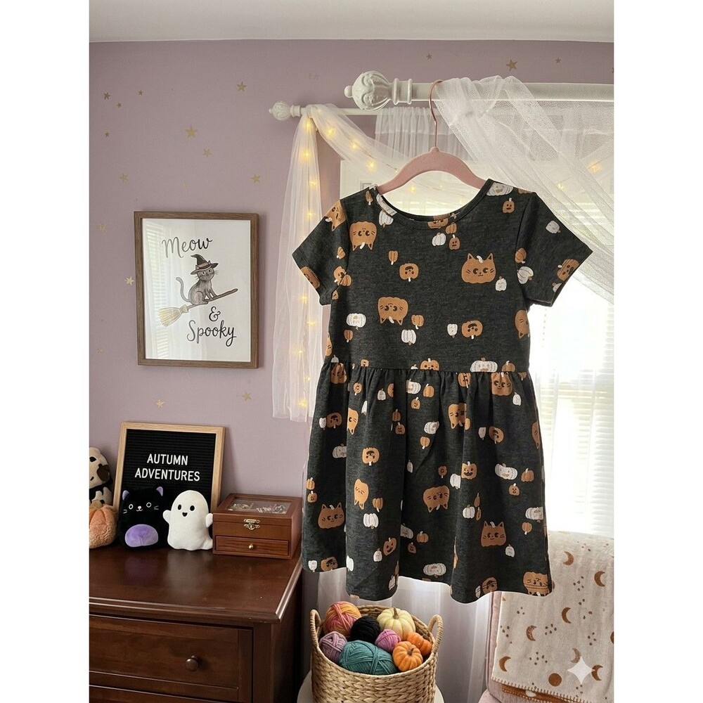 Cat & Jack Girls' Halloween Dress Size 4T Dark Gray Pumpkin Cat Print Short